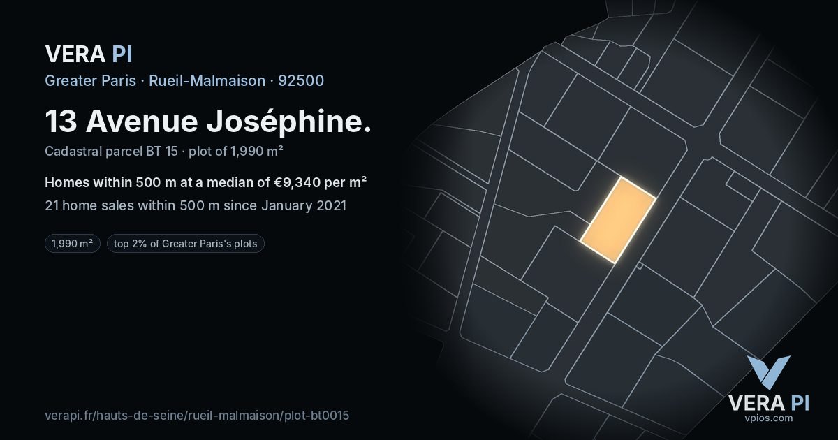 13 Avenue Joséphine, Rueil-Malmaison at night – the plot lit, the parcels around coloured by the prices near them