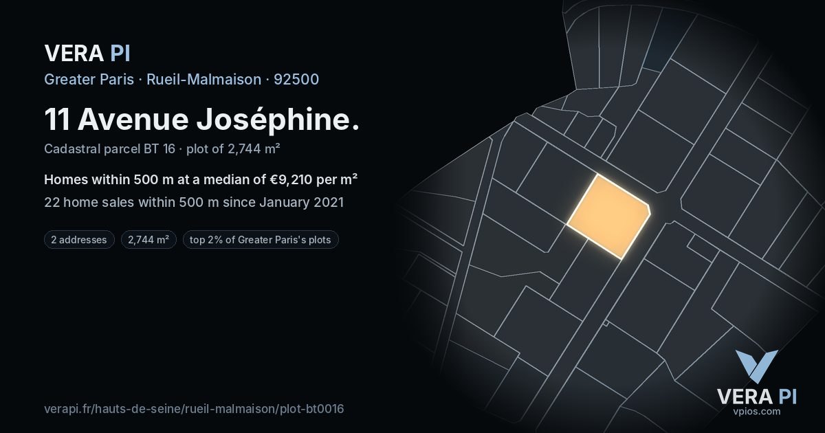 11 Avenue Joséphine, Rueil-Malmaison at night – the plot lit, the parcels around coloured by the prices near them