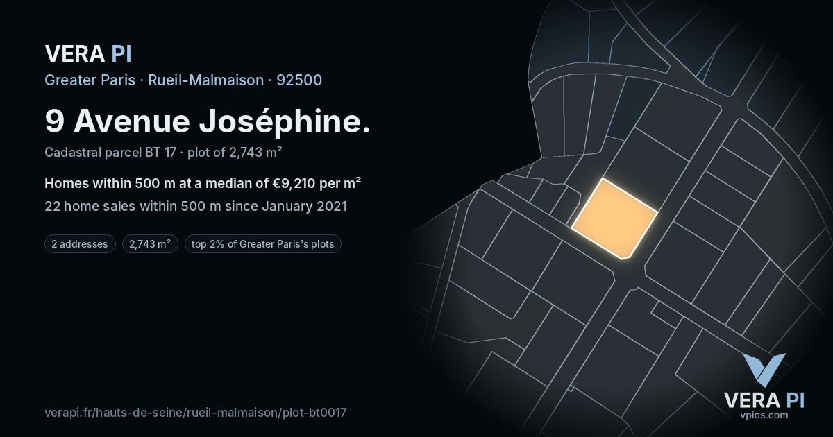 9 Avenue Joséphine, Rueil-Malmaison at night – the plot lit, the parcels around coloured by the prices near them