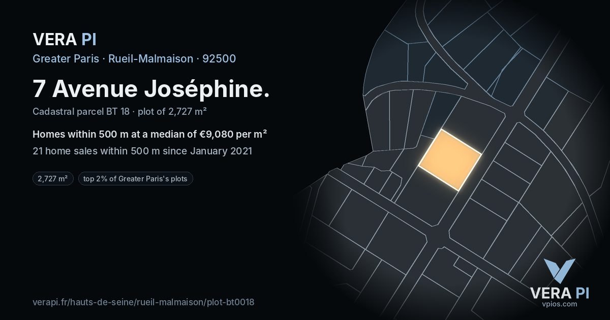 7 Avenue Joséphine, Rueil-Malmaison at night – the plot lit, the parcels around coloured by the prices near them