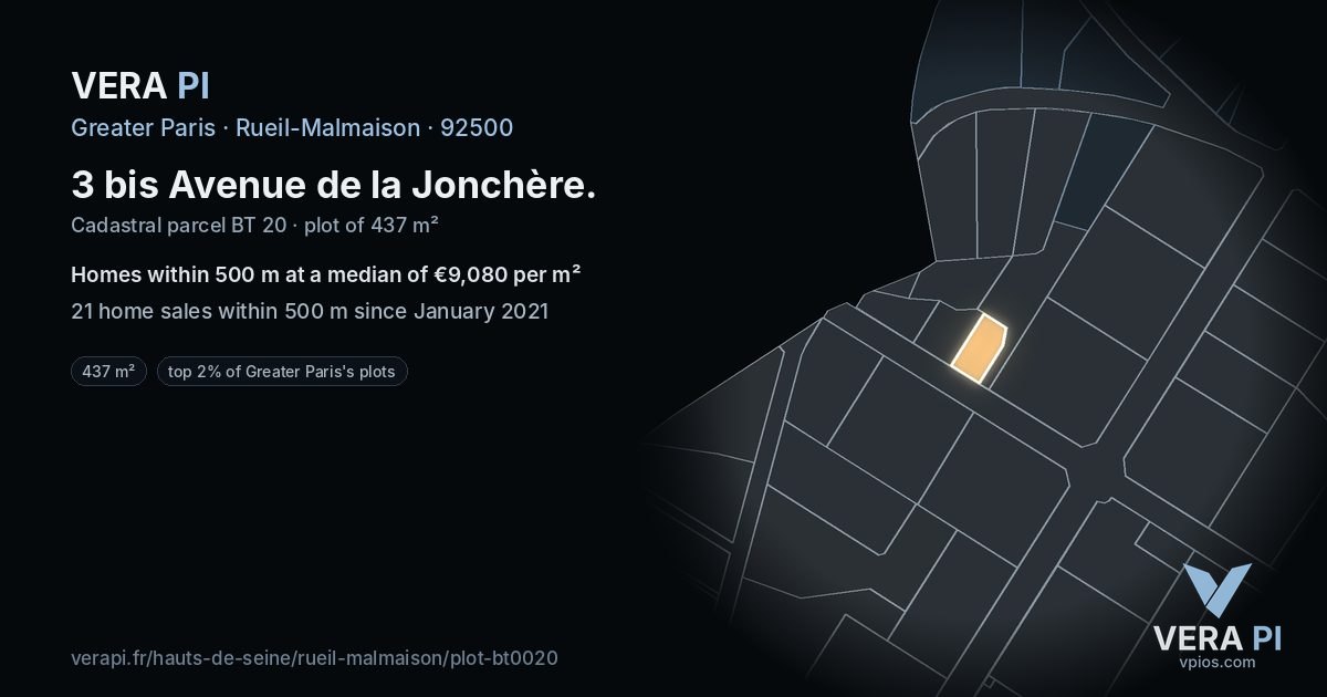 3 bis Avenue de la Jonchère, Rueil-Malmaison at night – the plot lit, the parcels around coloured by the prices near them