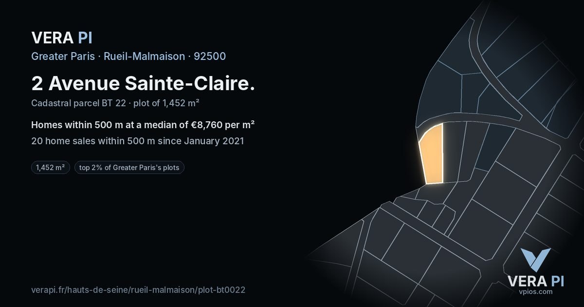 2 Avenue Sainte-Claire, Rueil-Malmaison at night – the plot lit, the parcels around coloured by the prices near them