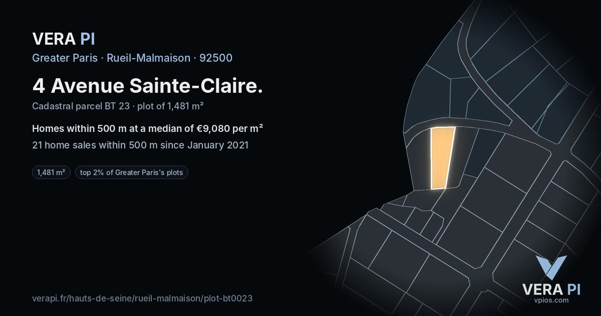4 Avenue Sainte-Claire, Rueil-Malmaison at night – the plot lit, the parcels around coloured by the prices near them