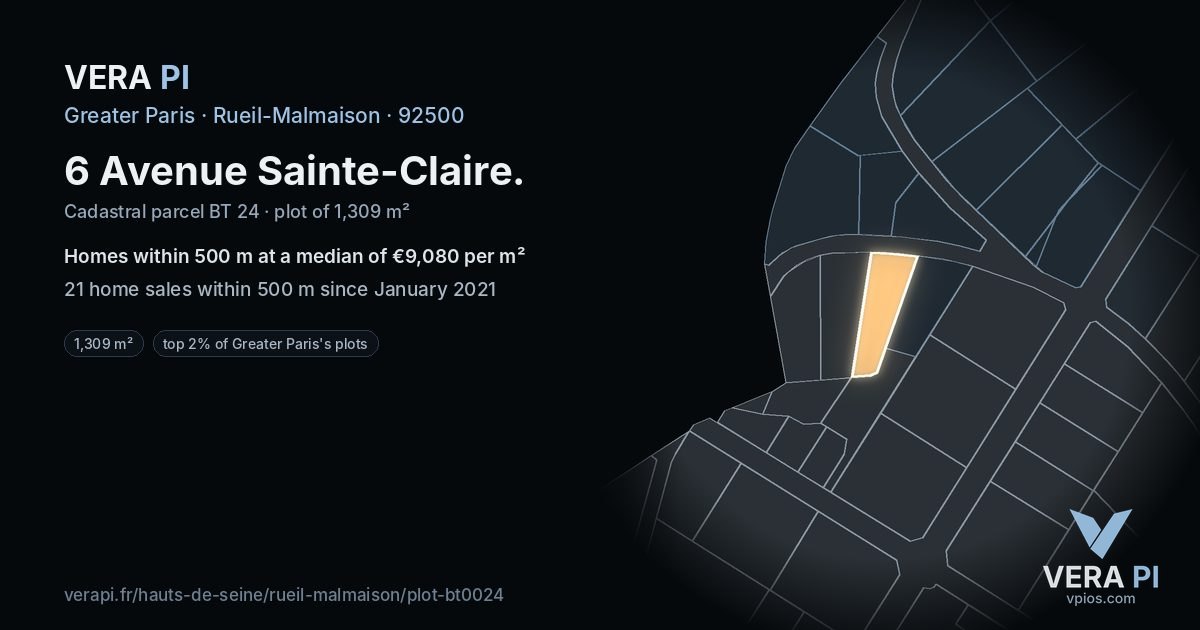 6 Avenue Sainte-Claire, Rueil-Malmaison at night – the plot lit, the parcels around coloured by the prices near them