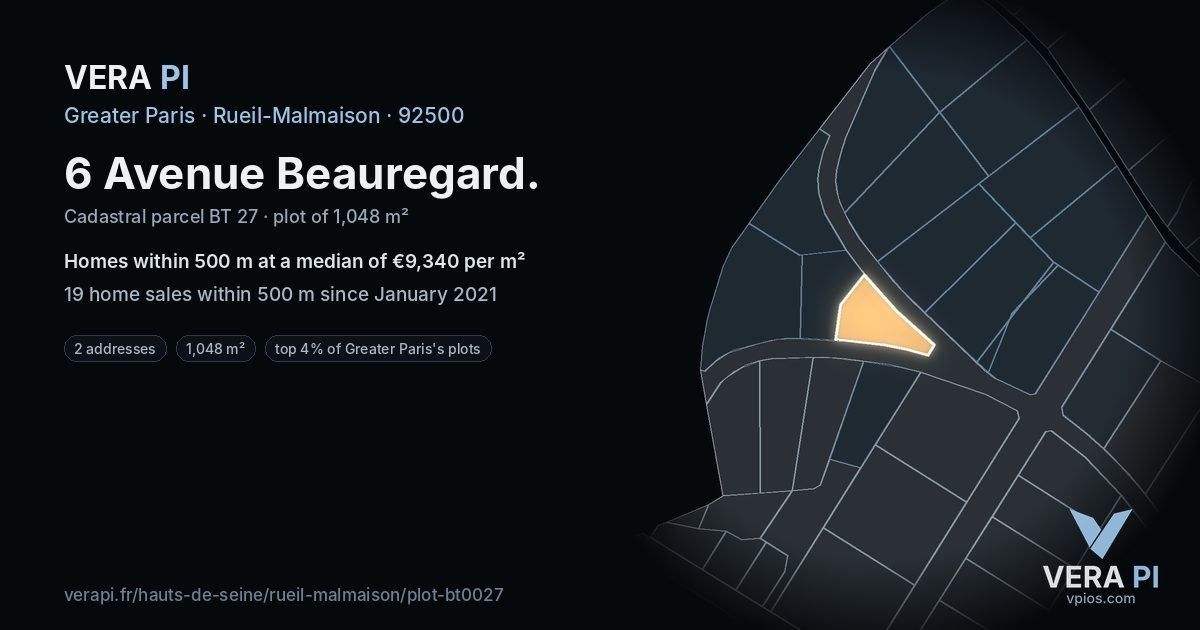 6 Avenue Beauregard, Rueil-Malmaison at night – the plot lit, the parcels around coloured by the prices near them