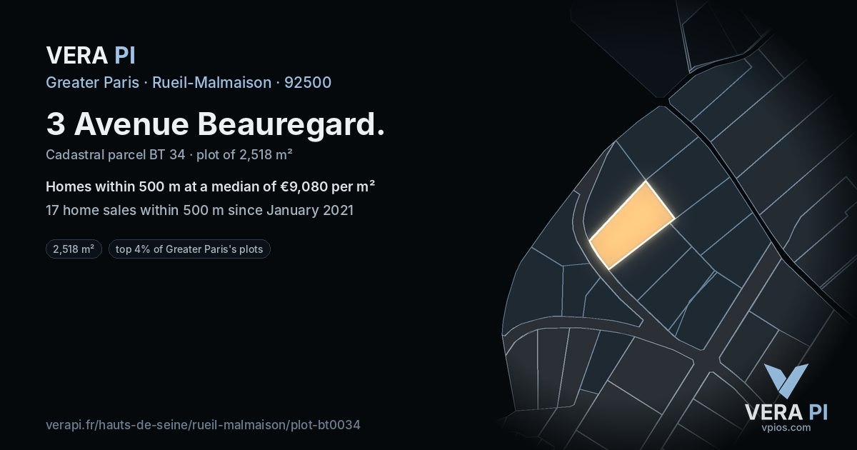 3 Avenue Beauregard, Rueil-Malmaison at night – the plot lit, the parcels around coloured by the prices near them