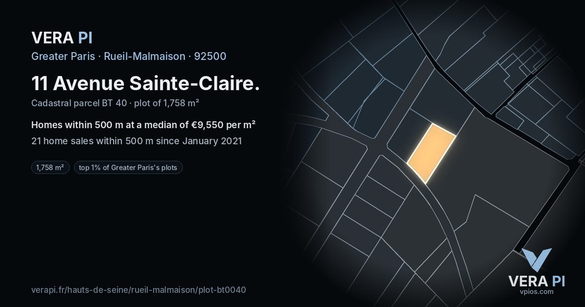 11 Avenue Sainte-Claire, Rueil-Malmaison at night – the plot lit, the parcels around coloured by the prices near them
