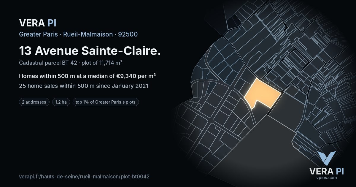 13 Avenue Sainte-Claire, Rueil-Malmaison at night – the plot lit, the parcels around coloured by the prices near them