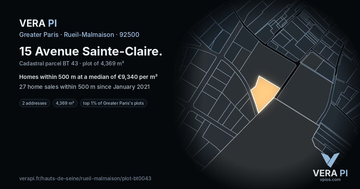 15 Avenue Sainte-Claire, Rueil-Malmaison at night – the plot lit, the parcels around coloured by the prices near them