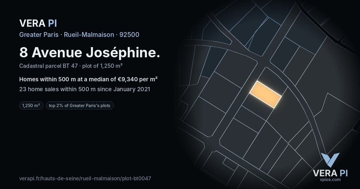 8 Avenue Joséphine, Rueil-Malmaison at night – the plot lit, the parcels around coloured by the prices near them