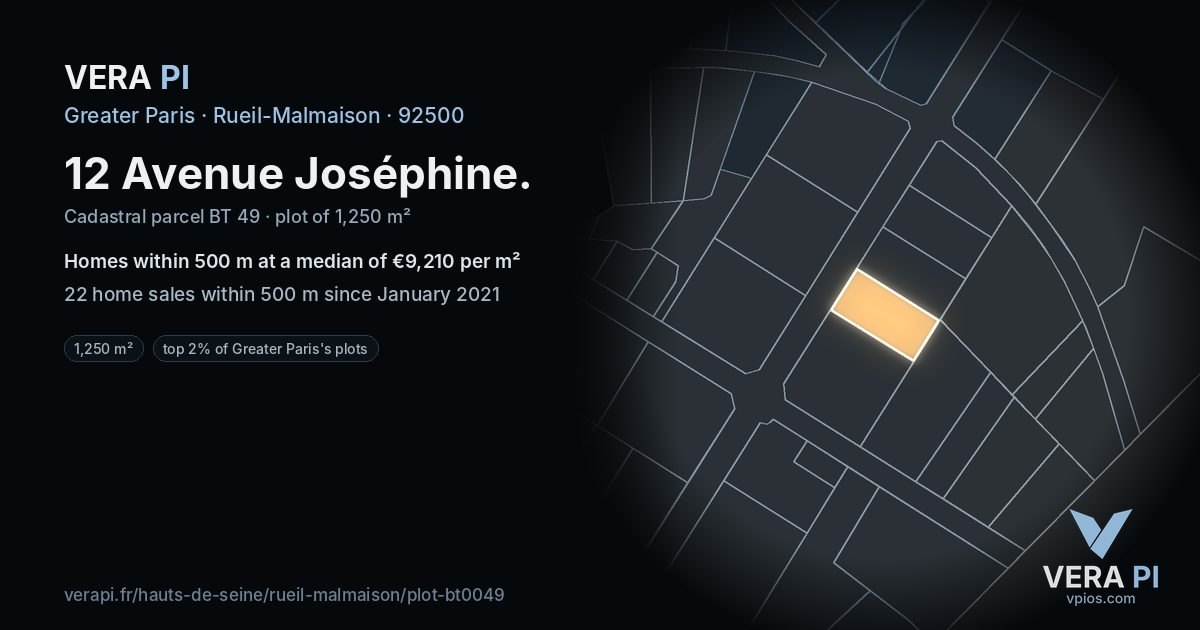 12 Avenue Joséphine, Rueil-Malmaison at night – the plot lit, the parcels around coloured by the prices near them