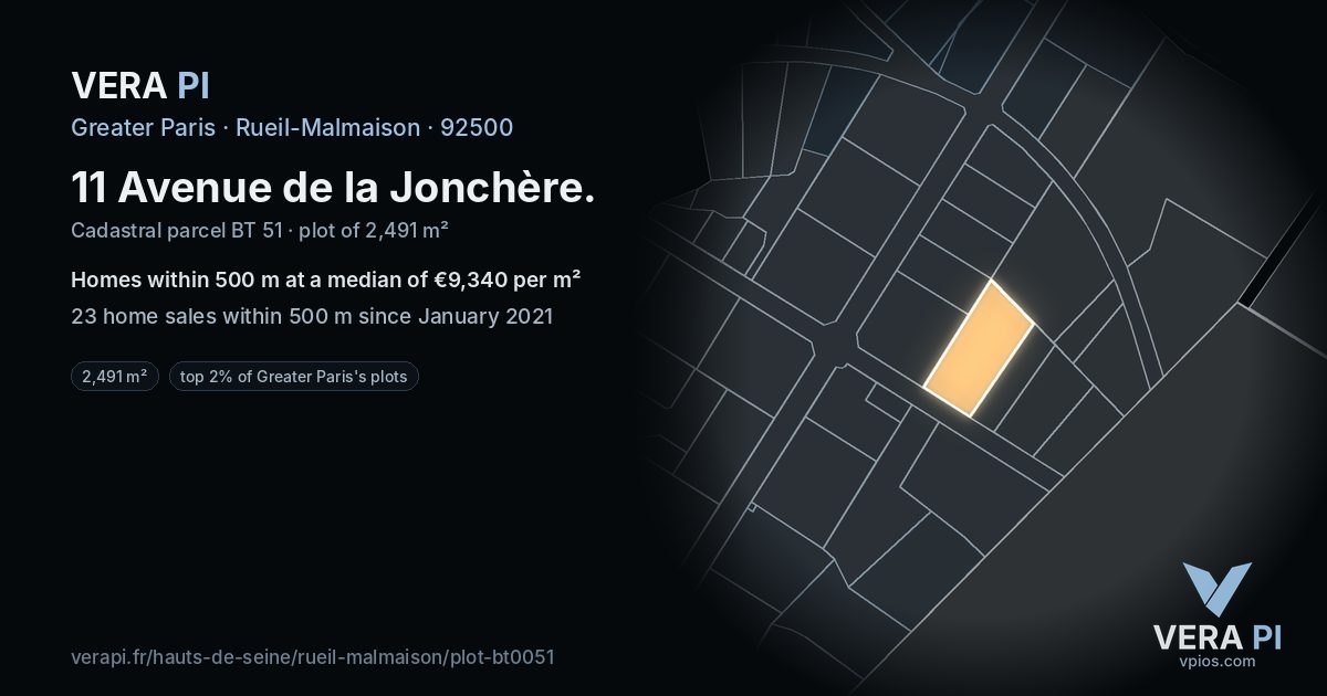 11 Avenue de la Jonchère, Rueil-Malmaison at night – the plot lit, the parcels around coloured by the prices near them