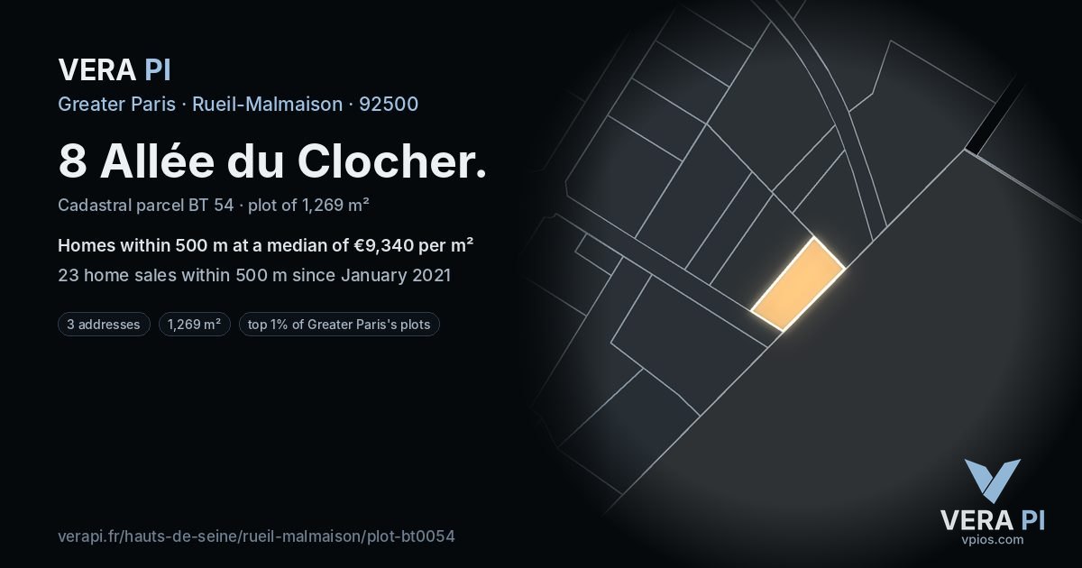 8 Allée du Clocher, Rueil-Malmaison at night – the plot lit, the parcels around coloured by the prices near them