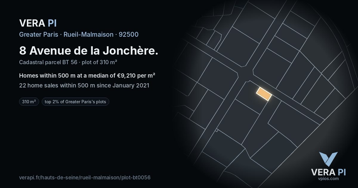 8 Avenue de la Jonchère, Rueil-Malmaison at night – the plot lit, the parcels around coloured by the prices near them