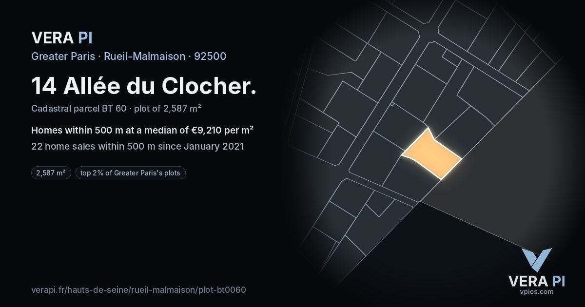 14 Allée du Clocher, Rueil-Malmaison at night – the plot lit, the parcels around coloured by the prices near them