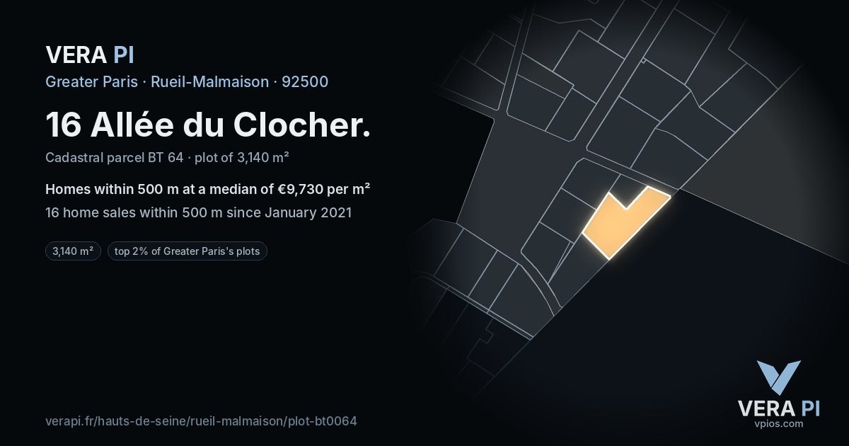 16 Allée du Clocher, Rueil-Malmaison at night – the plot lit, the parcels around coloured by the prices near them