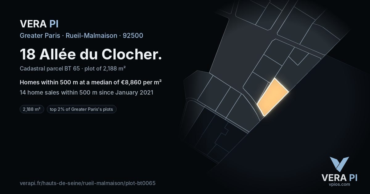 18 Allée du Clocher, Rueil-Malmaison at night – the plot lit, the parcels around coloured by the prices near them