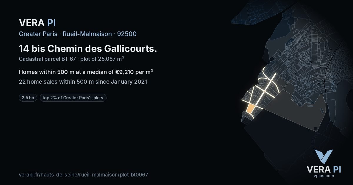 14 bis Chemin des Gallicourts, Rueil-Malmaison at night – the plot lit, the parcels around coloured by the prices near them