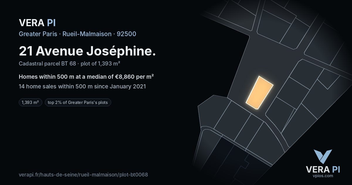 21 Avenue Joséphine, Rueil-Malmaison at night – the plot lit, the parcels around coloured by the prices near them