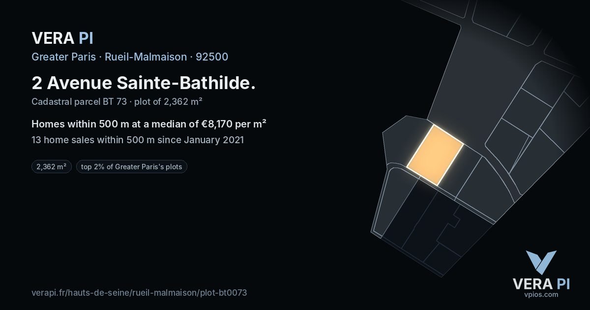 2 Avenue Sainte-Bathilde, Rueil-Malmaison at night – the plot lit, the parcels around coloured by the prices near them