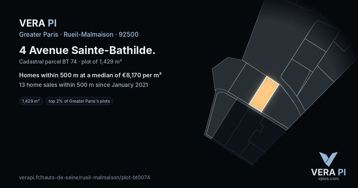 4 Avenue Sainte-Bathilde, Rueil-Malmaison at night – the plot lit, the parcels around coloured by the prices near them