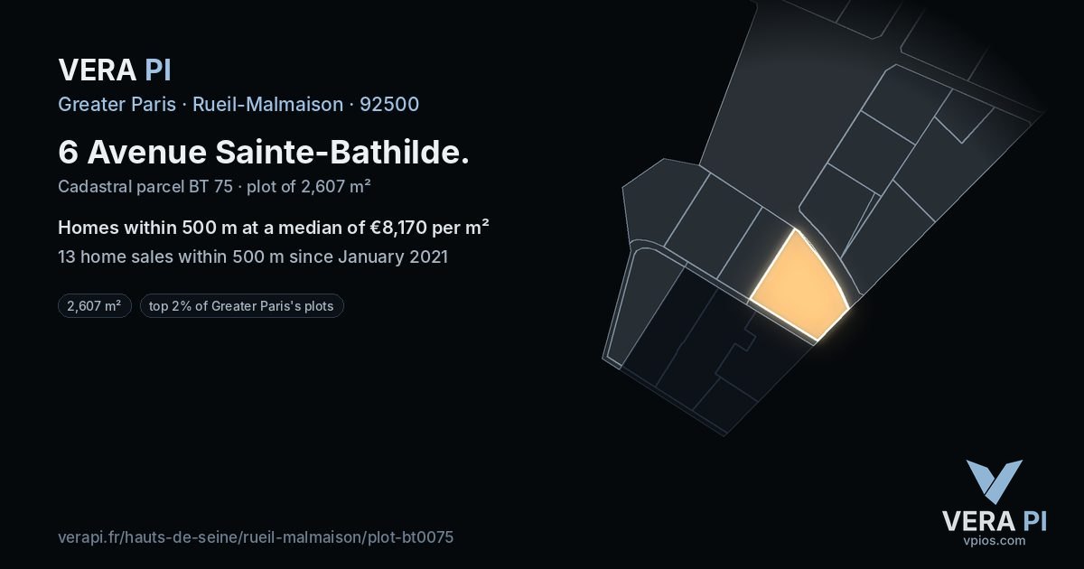 6 Avenue Sainte-Bathilde, Rueil-Malmaison at night – the plot lit, the parcels around coloured by the prices near them