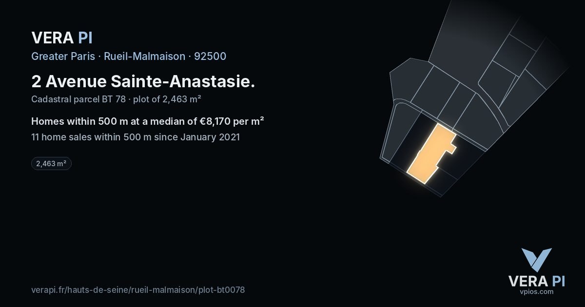 2 Avenue Sainte-Anastasie, Rueil-Malmaison at night – the plot lit, the parcels around coloured by the prices near them