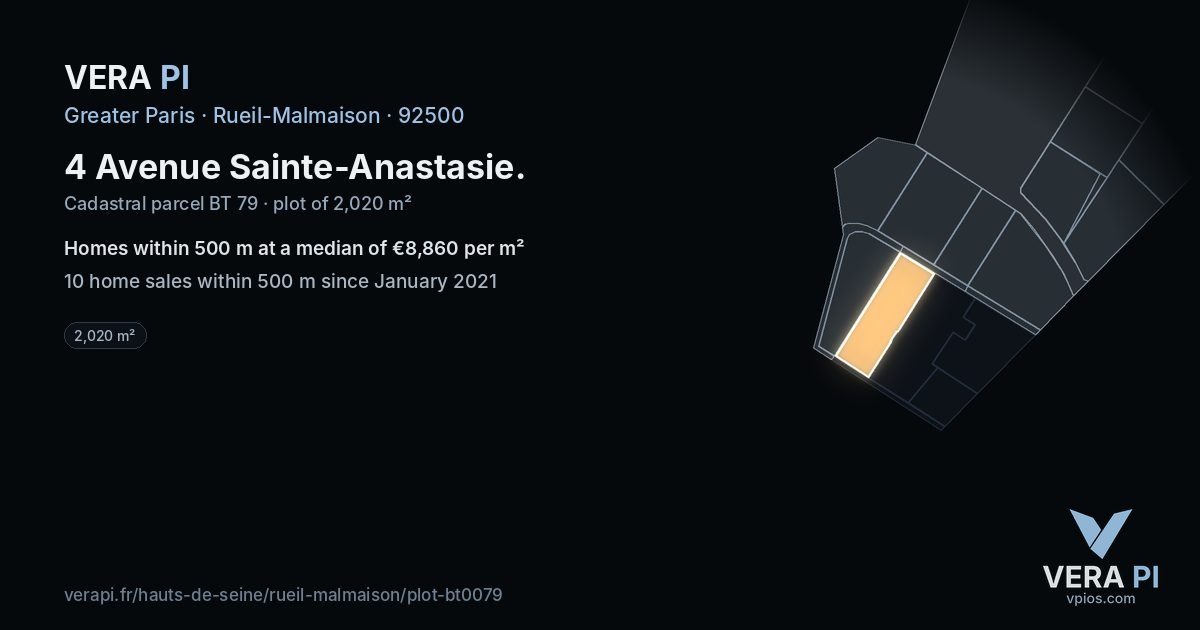 4 Avenue Sainte-Anastasie, Rueil-Malmaison at night – the plot lit, the parcels around coloured by the prices near them