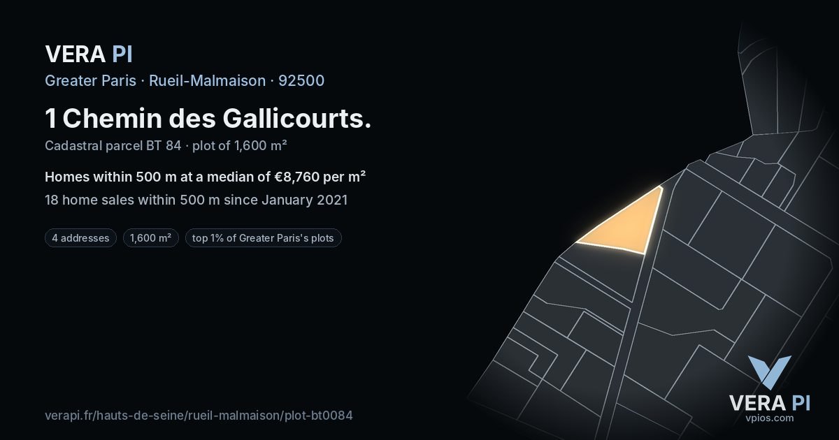 1 Chemin des Gallicourts, Rueil-Malmaison at night – the plot lit, the parcels around coloured by the prices near them