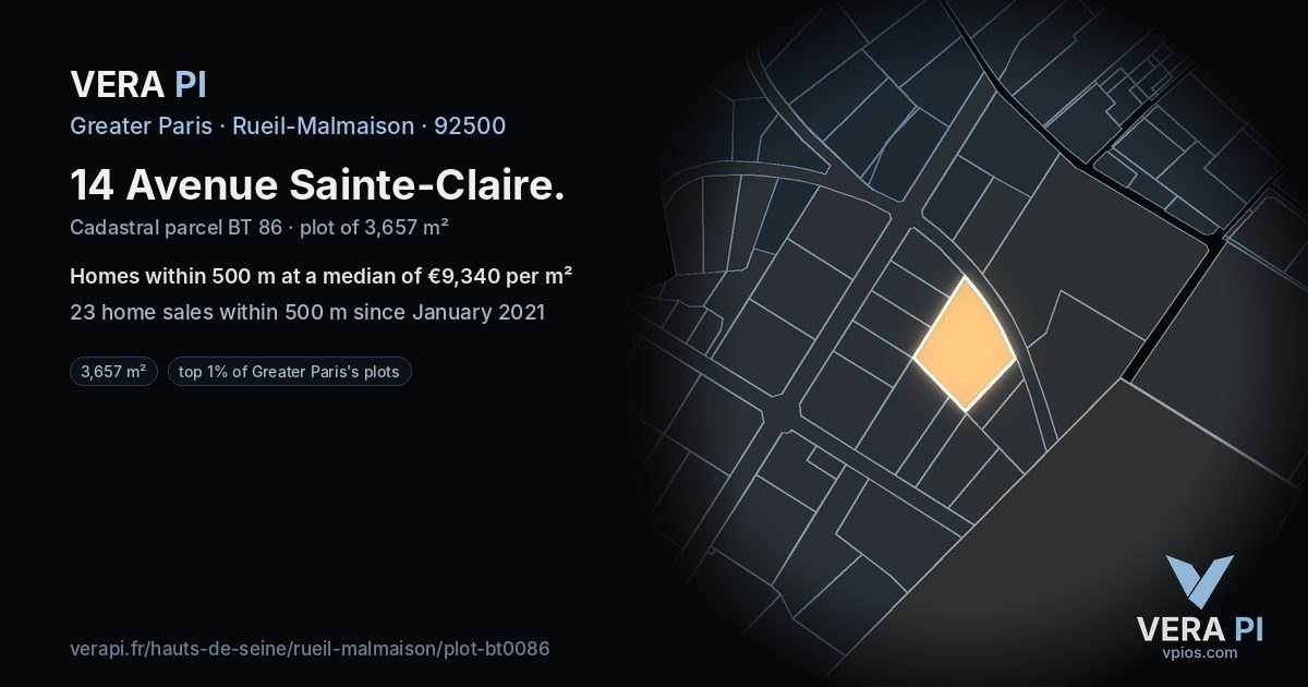 14 Avenue Sainte-Claire, Rueil-Malmaison at night – the plot lit, the parcels around coloured by the prices near them
