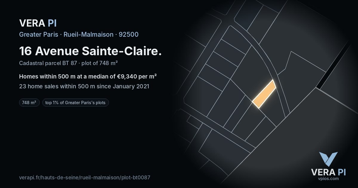 16 Avenue Sainte-Claire, Rueil-Malmaison at night – the plot lit, the parcels around coloured by the prices near them