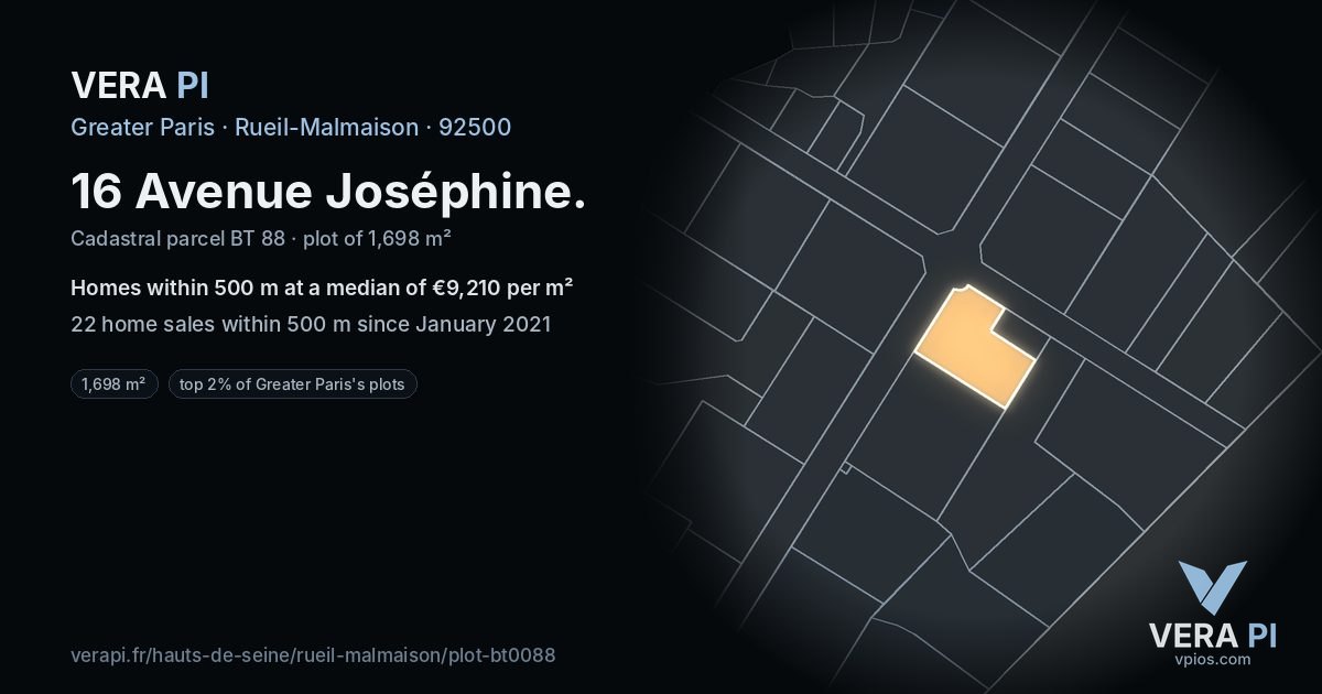 16 Avenue Joséphine, Rueil-Malmaison at night – the plot lit, the parcels around coloured by the prices near them