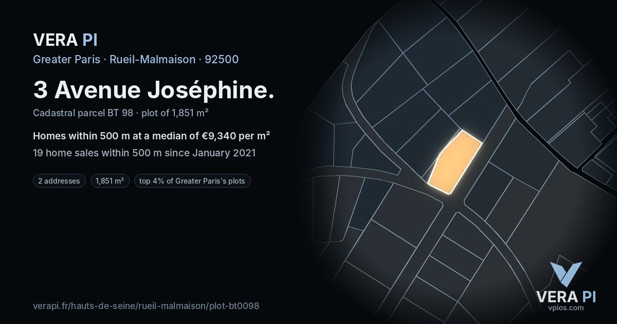 3 Avenue Joséphine, Rueil-Malmaison at night – the plot lit, the parcels around coloured by the prices near them