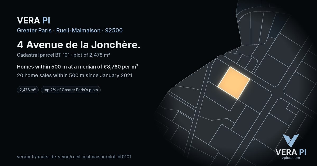 4 Avenue de la Jonchère, Rueil-Malmaison at night – the plot lit, the parcels around coloured by the prices near them