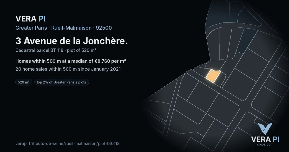 3 Avenue de la Jonchère, Rueil-Malmaison at night – the plot lit, the parcels around coloured by the prices near them