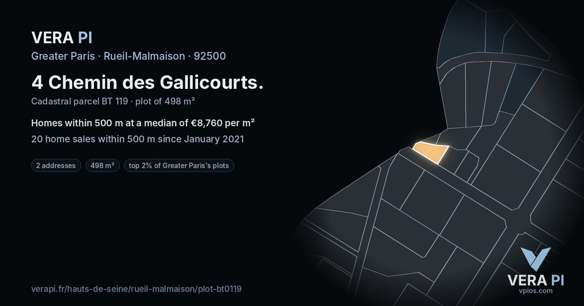 4 Chemin des Gallicourts, Rueil-Malmaison at night – the plot lit, the parcels around coloured by the prices near them