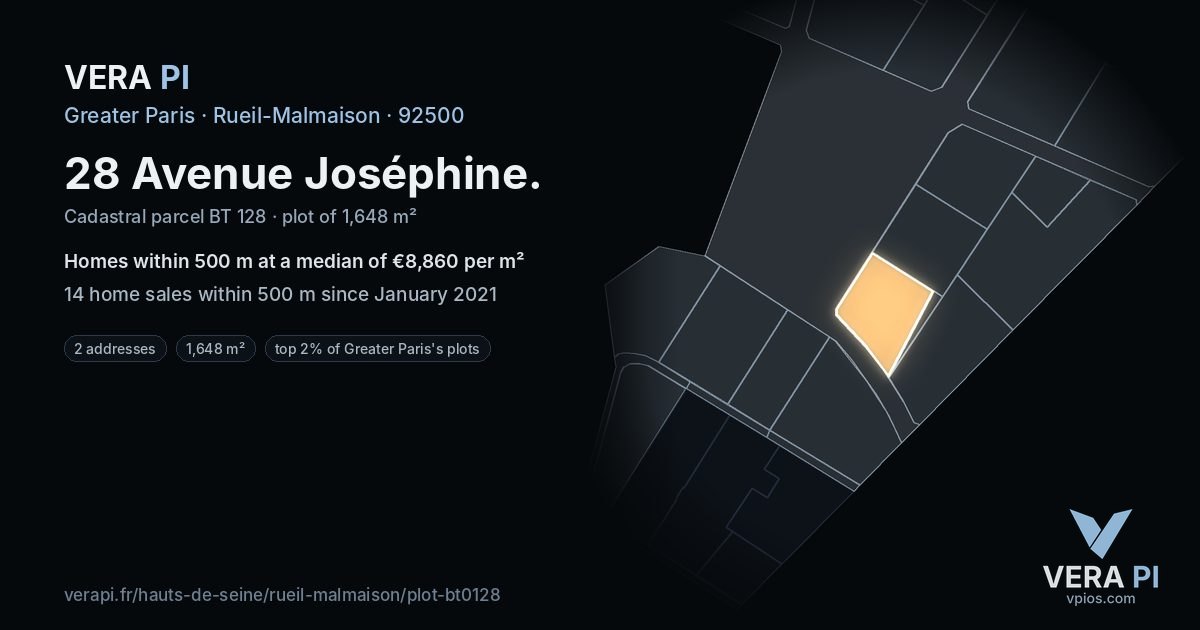28 Avenue Joséphine, Rueil-Malmaison at night – the plot lit, the parcels around coloured by the prices near them