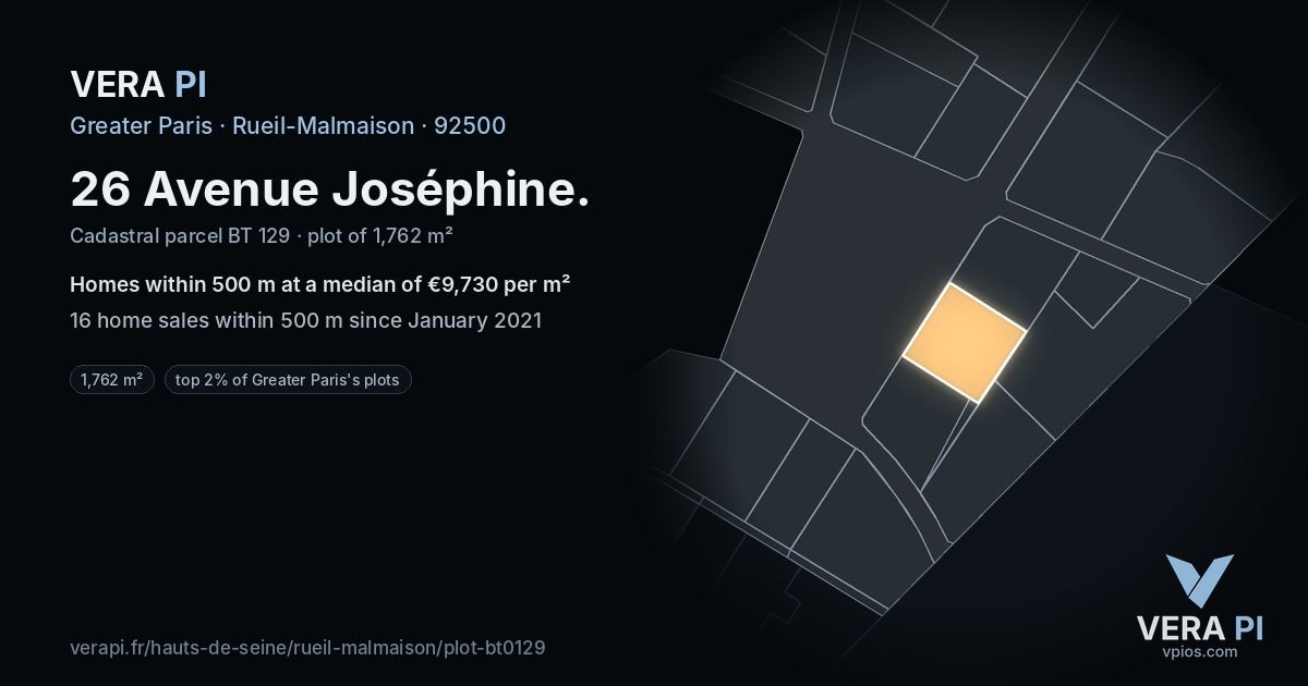 26 Avenue Joséphine, Rueil-Malmaison at night – the plot lit, the parcels around coloured by the prices near them