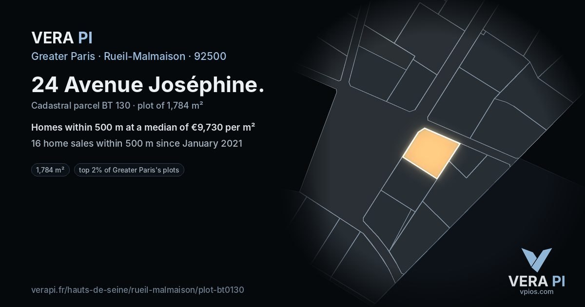 24 Avenue Joséphine, Rueil-Malmaison at night – the plot lit, the parcels around coloured by the prices near them