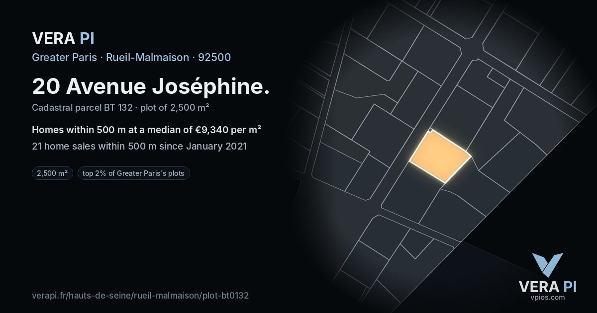 20 Avenue Joséphine, Rueil-Malmaison at night – the plot lit, the parcels around coloured by the prices near them
