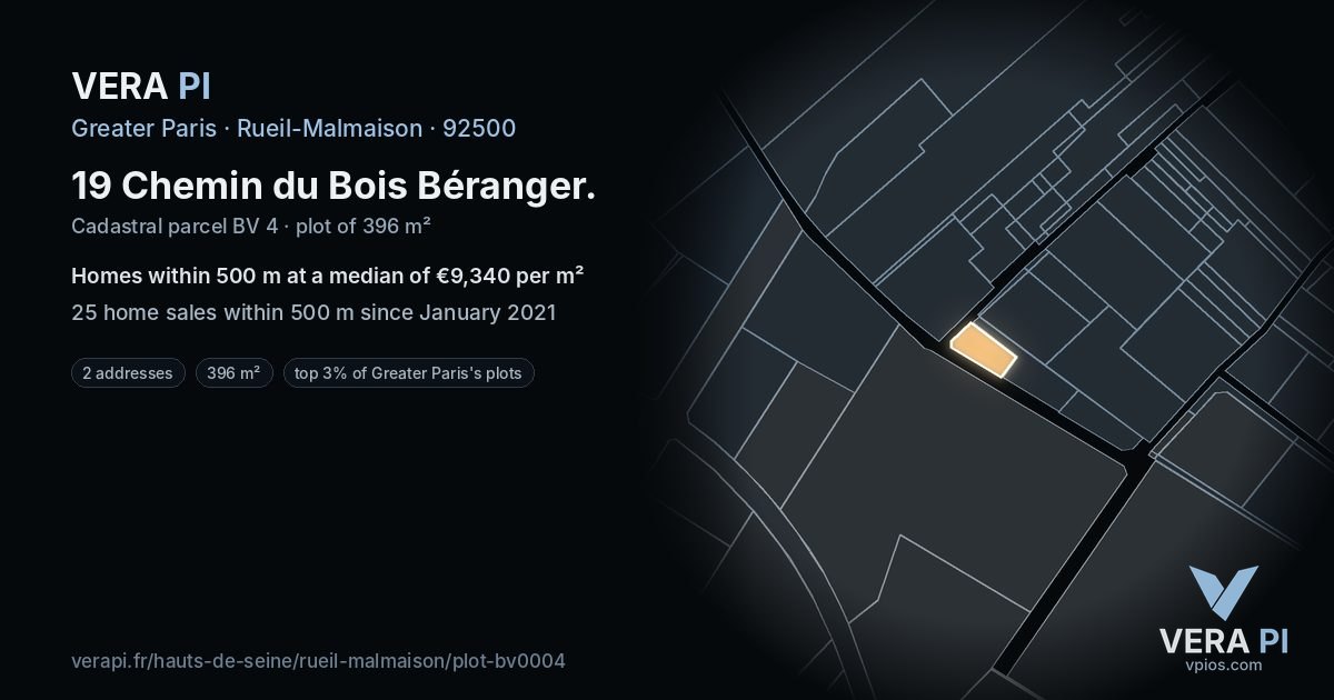 19 Chemin du Bois Béranger, Rueil-Malmaison at night – the plot lit, the parcels around coloured by the prices near them