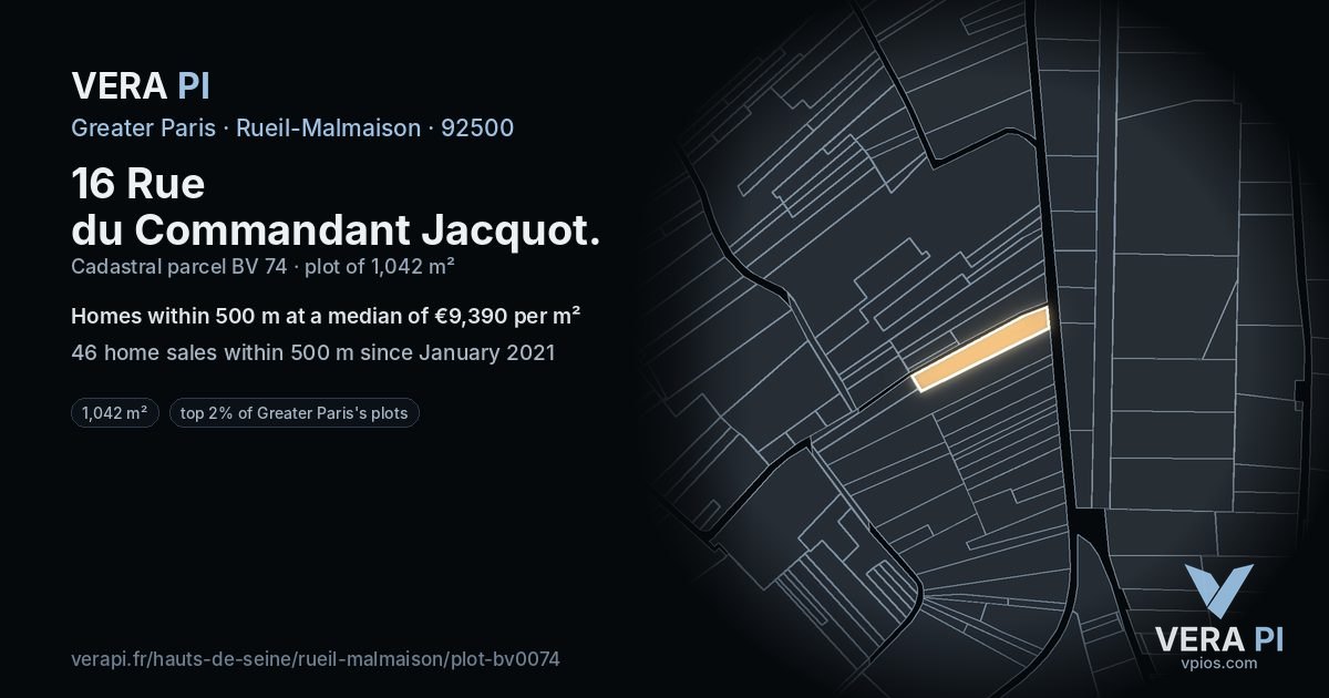 16 Rue du Commandant Jacquot, Rueil-Malmaison at night – the plot lit, the parcels around coloured by the prices near them