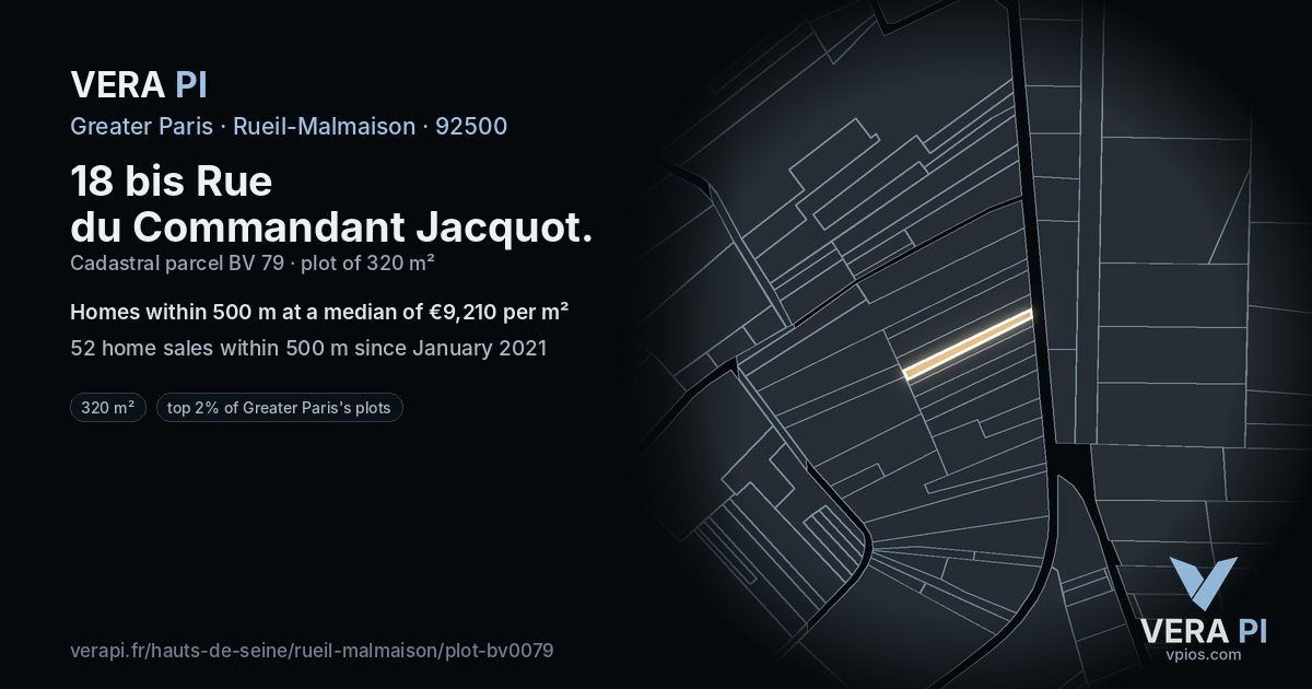 18 bis Rue du Commandant Jacquot, Rueil-Malmaison at night – the plot lit, the parcels around coloured by the prices near them