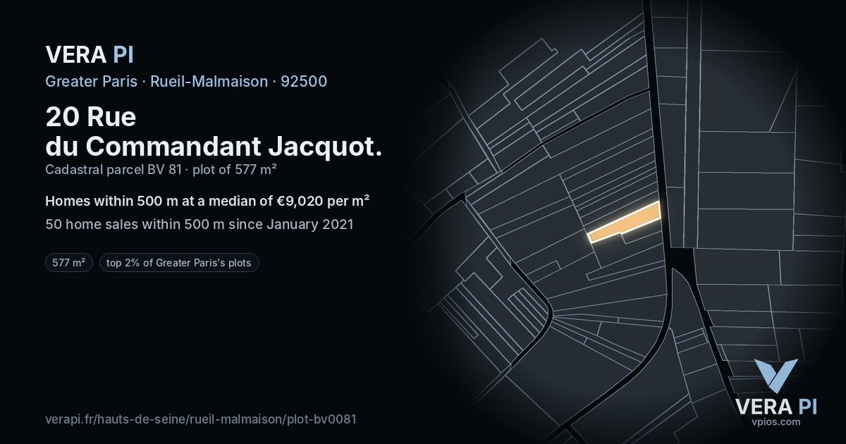 20 Rue du Commandant Jacquot, Rueil-Malmaison at night – the plot lit, the parcels around coloured by the prices near them