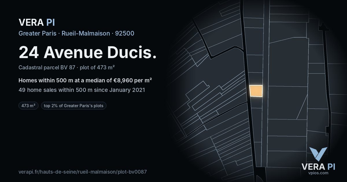 24 Avenue Ducis, Rueil-Malmaison at night – the plot lit, the parcels around coloured by the prices near them