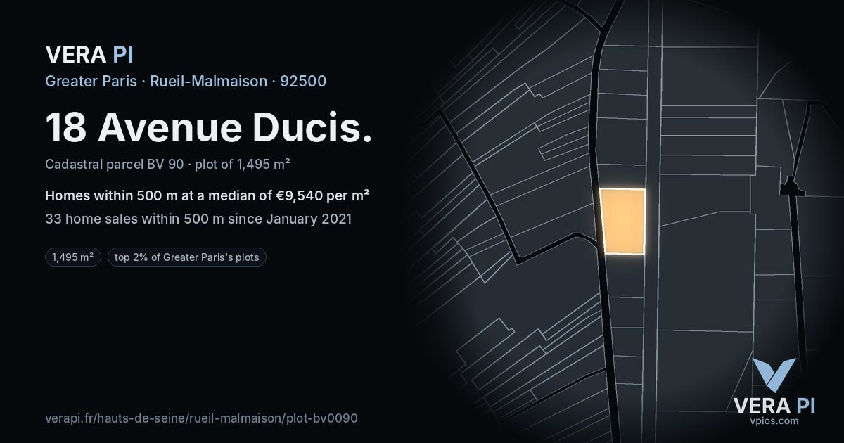 18 Avenue Ducis, Rueil-Malmaison at night – the plot lit, the parcels around coloured by the prices near them
