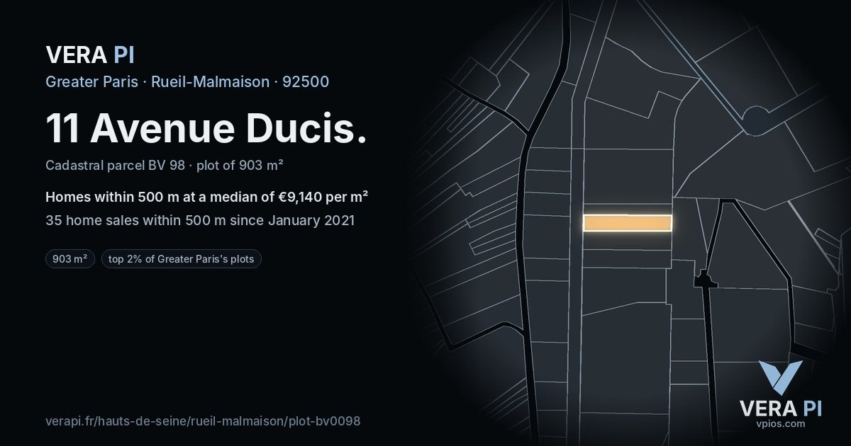 11 Avenue Ducis, Rueil-Malmaison at night – the plot lit, the parcels around coloured by the prices near them