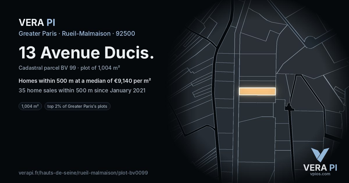 13 Avenue Ducis, Rueil-Malmaison at night – the plot lit, the parcels around coloured by the prices near them