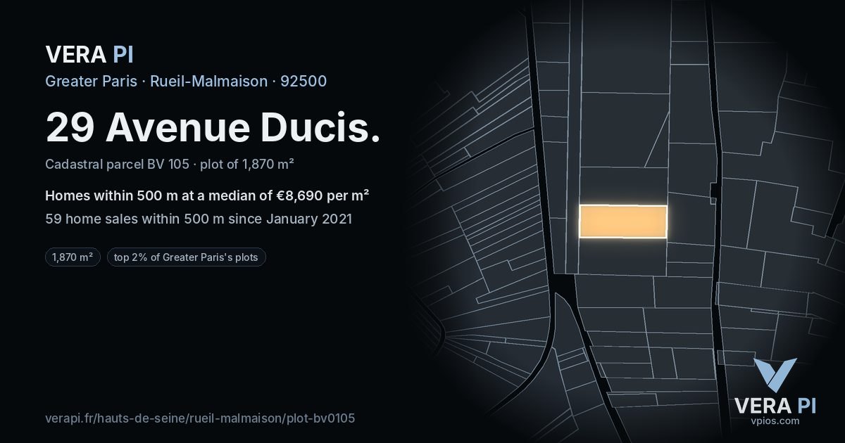 29 Avenue Ducis, Rueil-Malmaison at night – the plot lit, the parcels around coloured by the prices near them