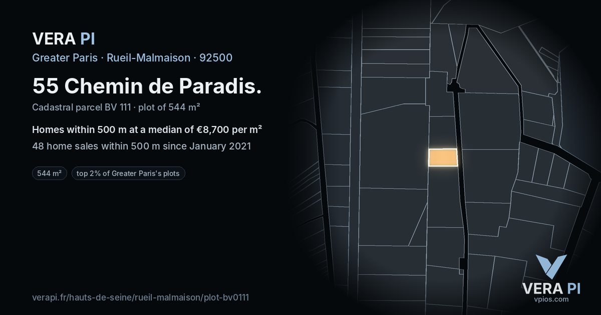 55 Chemin de Paradis, Rueil-Malmaison at night – the plot lit, the parcels around coloured by the prices near them